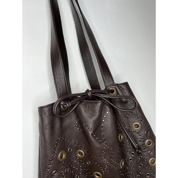 Y2K Hilton Weiner Leather Perforated Purse Studded Brown Bucket Bag Grommets - Picture 6 of 16